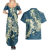 Cyan Polynesia Hammerhead Shark Tattoo With Plumeria Lei Couples Matching Summer Maxi Dress and Hawaiian Shirt LT14 - Polynesian Pride