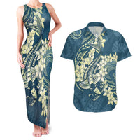Cyan Polynesia Hammerhead Shark Tattoo With Plumeria Lei Couples Matching Tank Maxi Dress and Hawaiian Shirt LT14 Cyan - Polynesian Pride