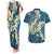 Cyan Polynesia Hammerhead Shark Tattoo With Plumeria Lei Couples Matching Tank Maxi Dress and Hawaiian Shirt
