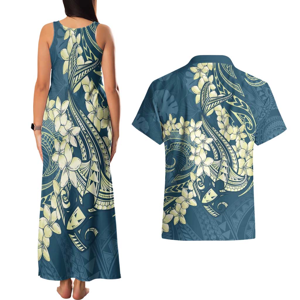 Cyan Polynesia Hammerhead Shark Tattoo With Plumeria Lei Couples Matching Tank Maxi Dress and Hawaiian Shirt LT14 - Polynesian Pride