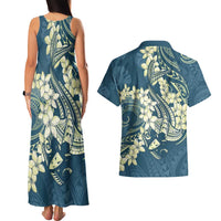 Cyan Polynesia Hammerhead Shark Tattoo With Plumeria Lei Couples Matching Tank Maxi Dress and Hawaiian Shirt LT14 - Polynesian Pride