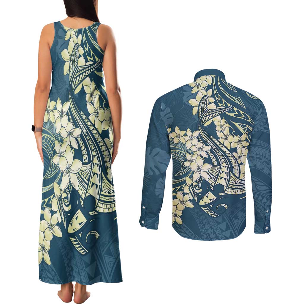 Cyan Polynesia Hammerhead Shark Tattoo With Plumeria Lei Couples Matching Tank Maxi Dress and Long Sleeve Button Shirt