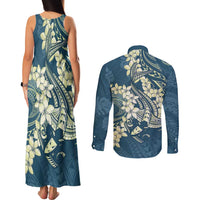 Cyan Polynesia Hammerhead Shark Tattoo With Plumeria Lei Couples Matching Tank Maxi Dress and Long Sleeve Button Shirt