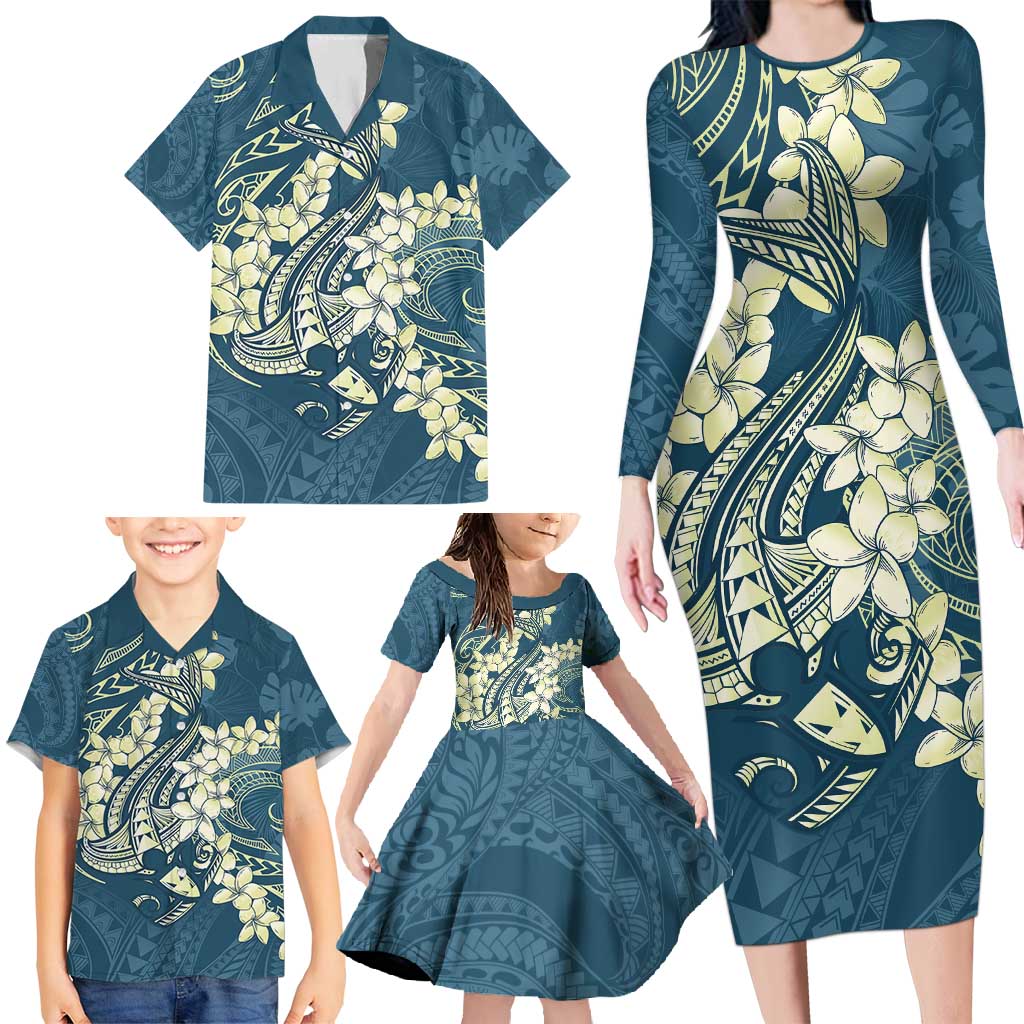Cyan Polynesia Hammerhead Shark Tattoo With Plumeria Lei Family Matching Long Sleeve Bodycon Dress and Hawaiian Shirt