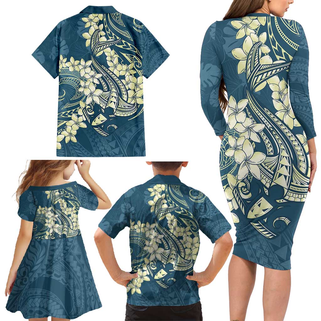 Cyan Polynesia Hammerhead Shark Tattoo With Plumeria Lei Family Matching Long Sleeve Bodycon Dress and Hawaiian Shirt