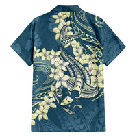 Cyan Polynesia Hammerhead Shark Tattoo With Plumeria Lei Family Matching Long Sleeve Bodycon Dress and Hawaiian Shirt
