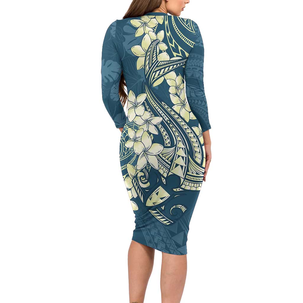 Cyan Polynesia Hammerhead Shark Tattoo With Plumeria Lei Family Matching Long Sleeve Bodycon Dress and Hawaiian Shirt