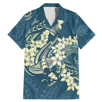 Cyan Polynesia Hammerhead Shark Tattoo With Plumeria Lei Family Matching Mermaid Dress and Hawaiian Shirt