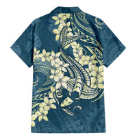 Cyan Polynesia Hammerhead Shark Tattoo With Plumeria Lei Family Matching Mermaid Dress and Hawaiian Shirt