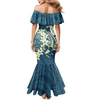 Cyan Polynesia Hammerhead Shark Tattoo With Plumeria Lei Family Matching Mermaid Dress and Hawaiian Shirt