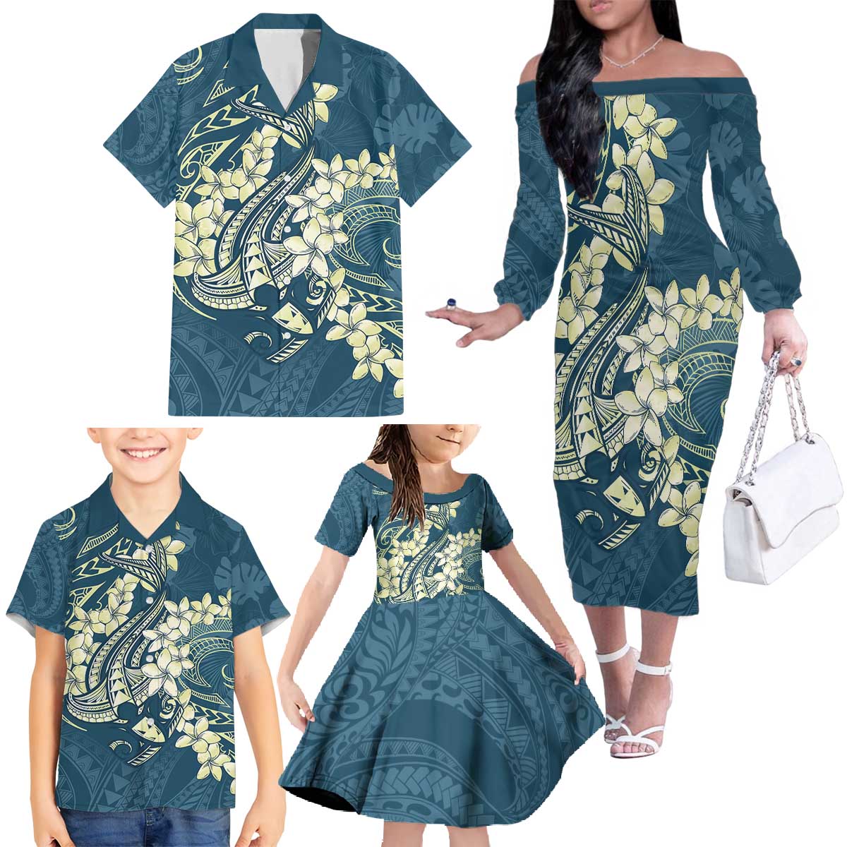 Cyan Polynesia Hammerhead Shark Tattoo With Plumeria Lei Family Matching Off The Shoulder Long Sleeve Dress and Hawaiian Shirt