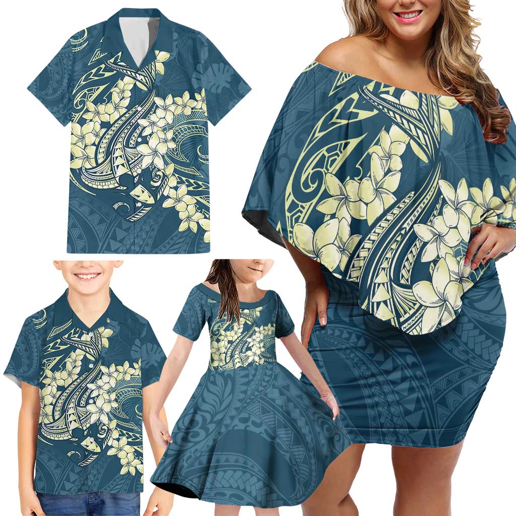 Cyan Polynesia Hammerhead Shark Tattoo With Plumeria Lei Family Matching Off Shoulder Short Dress and Hawaiian Shirt