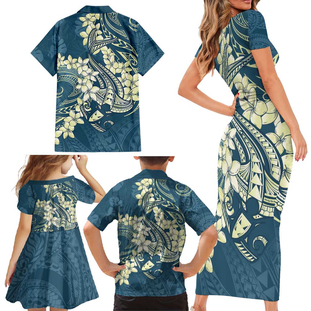 Cyan Polynesia Hammerhead Shark Tattoo With Plumeria Lei Family Matching Short Sleeve Bodycon Dress and Hawaiian Shirt