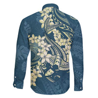 Cyan Polynesia Hammerhead Shark Tattoo With Plumeria Lei Family Matching Short Sleeve Bodycon Dress and Hawaiian Shirt