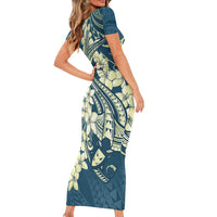 Cyan Polynesia Hammerhead Shark Tattoo With Plumeria Lei Family Matching Short Sleeve Bodycon Dress and Hawaiian Shirt
