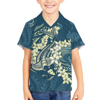 Cyan Polynesia Hammerhead Shark Tattoo With Plumeria Lei Family Matching Short Sleeve Bodycon Dress and Hawaiian Shirt