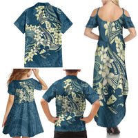 Cyan Polynesia Hammerhead Shark Tattoo With Plumeria Lei Family Matching Summer Maxi Dress and Hawaiian Shirt