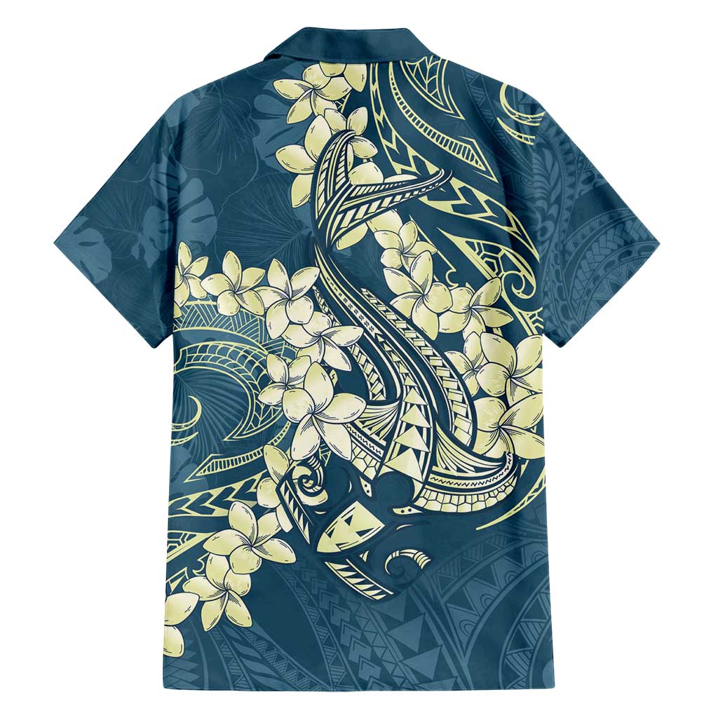 Cyan Polynesia Hammerhead Shark Tattoo With Plumeria Lei Family Matching Summer Maxi Dress and Hawaiian Shirt