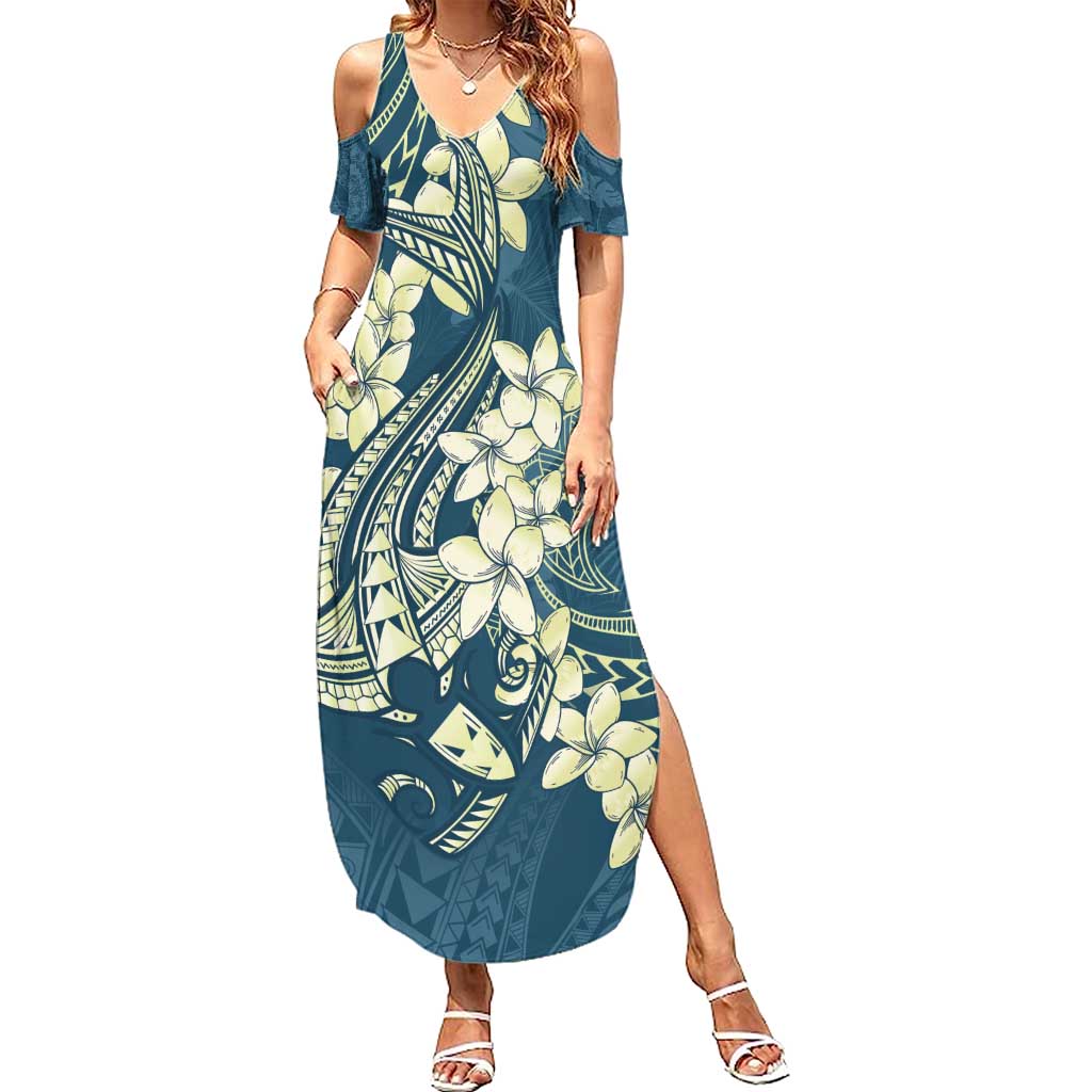 Cyan Polynesia Hammerhead Shark Tattoo With Plumeria Lei Family Matching Summer Maxi Dress and Hawaiian Shirt