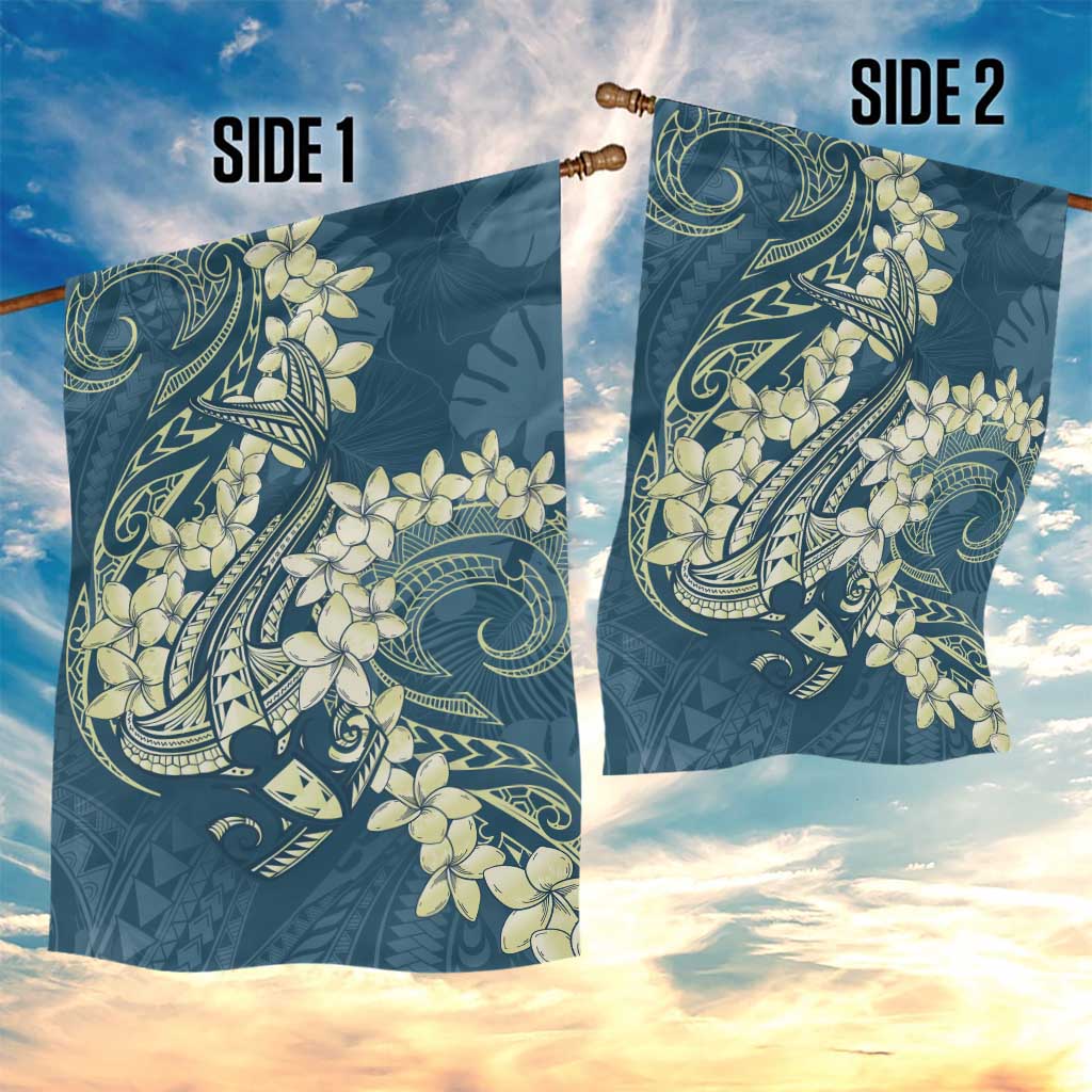 Cyan Polynesia Hammerhead Shark Tattoo With Plumeria Lei Garden Flag