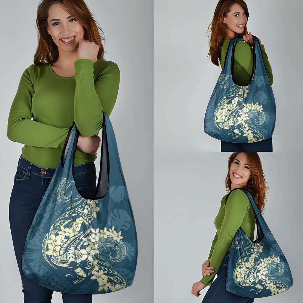 Cyan Polynesia Hammerhead Shark Tattoo With Plumeria Lei Grocery Bag