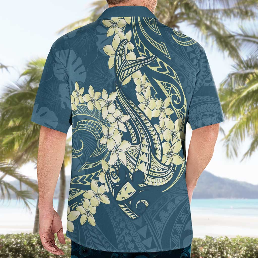 Cyan Polynesia Hammerhead Shark Tattoo With Plumeria Lei Hawaiian Shirt