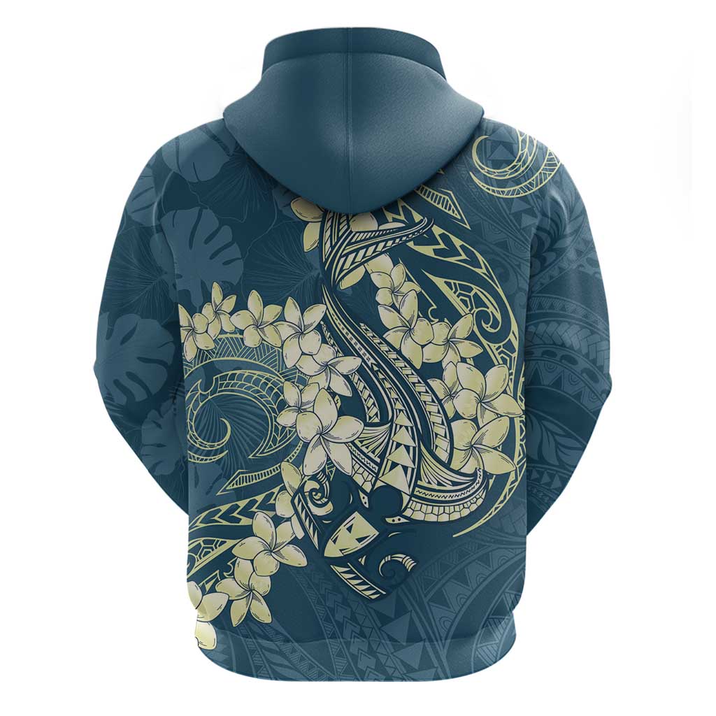 Cyan Polynesia Hammerhead Shark Tattoo With Plumeria Lei Hoodie