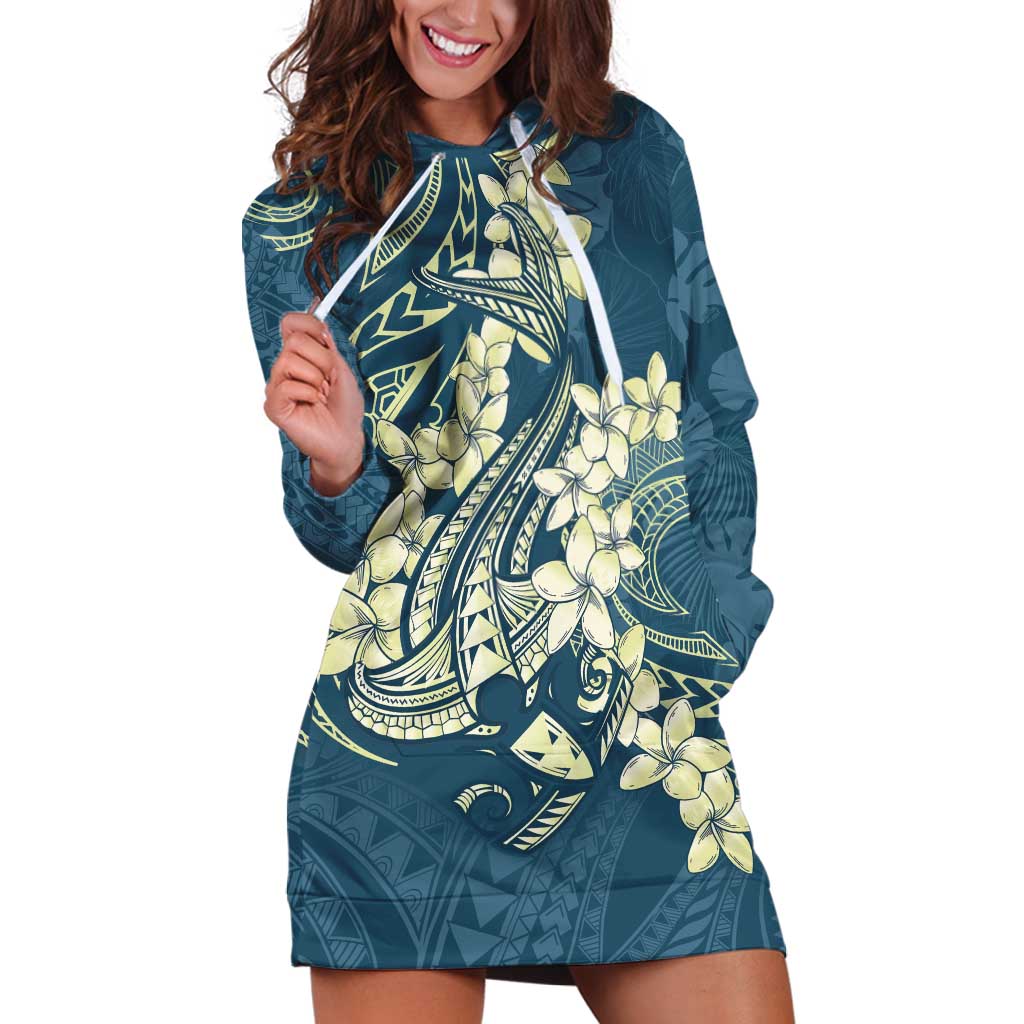 Cyan Polynesia Hammerhead Shark Tattoo With Plumeria Lei Hoodie Dress