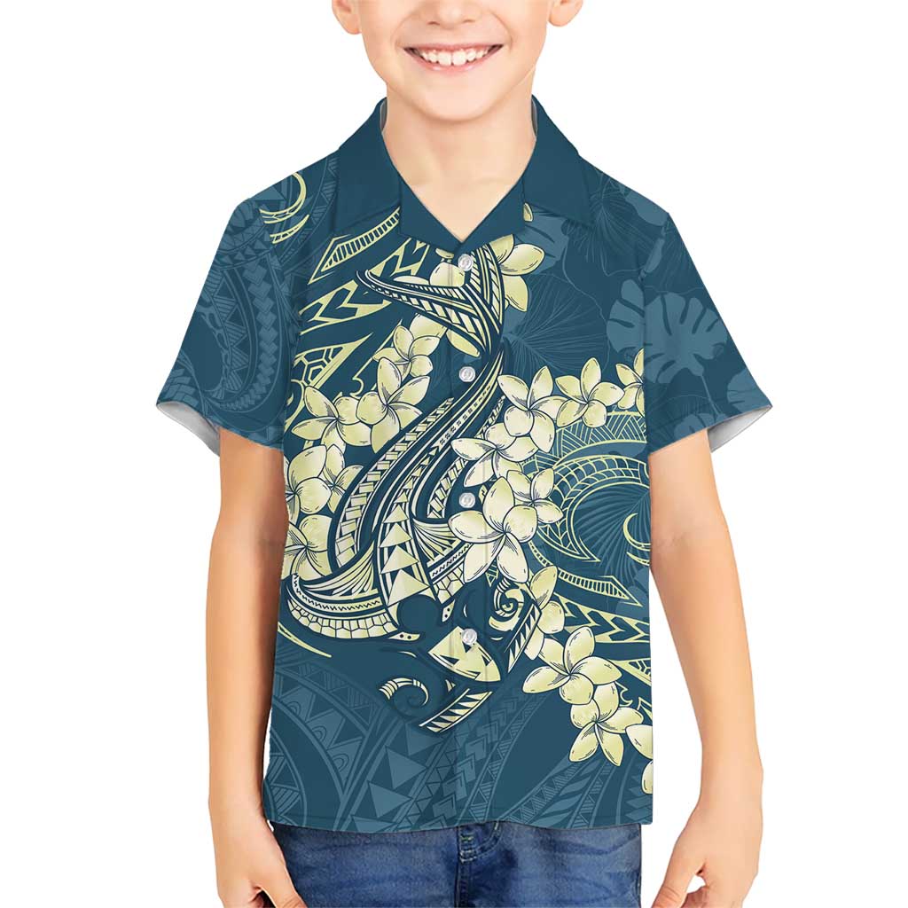 Cyan Polynesia Hammerhead Shark Tattoo With Plumeria Lei Kid Hawaiian Shirt