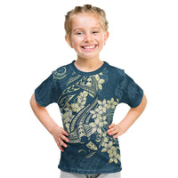 Cyan Polynesia Hammerhead Shark Tattoo With Plumeria Lei Kid T Shirt