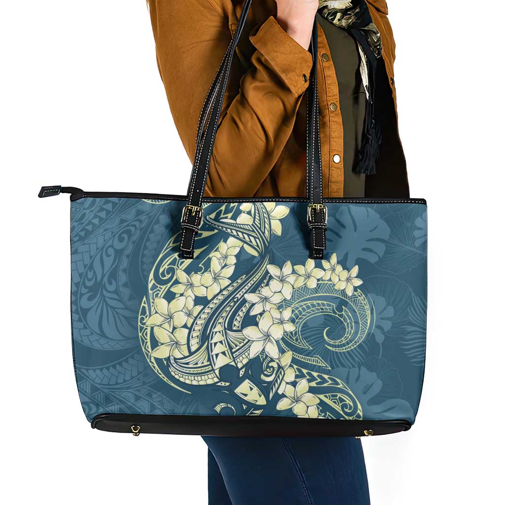 Cyan Polynesia Hammerhead Shark Tattoo With Plumeria Lei Leather Tote Bag