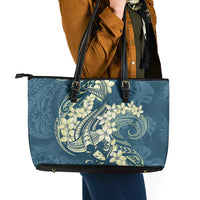 Cyan Polynesia Hammerhead Shark Tattoo With Plumeria Lei Leather Tote Bag