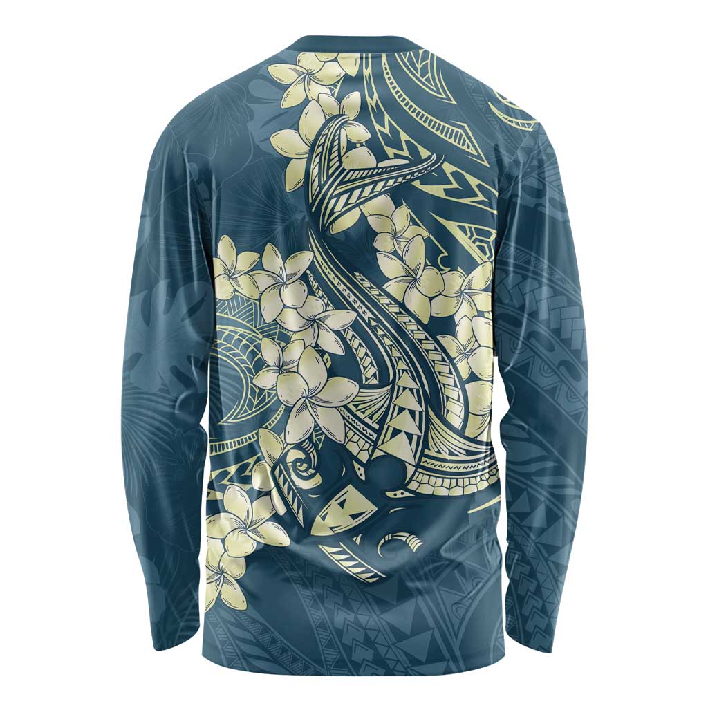 Cyan Polynesia Hammerhead Shark Tattoo With Plumeria Lei Long Sleeve Shirt