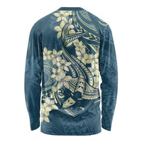 Cyan Polynesia Hammerhead Shark Tattoo With Plumeria Lei Long Sleeve Shirt