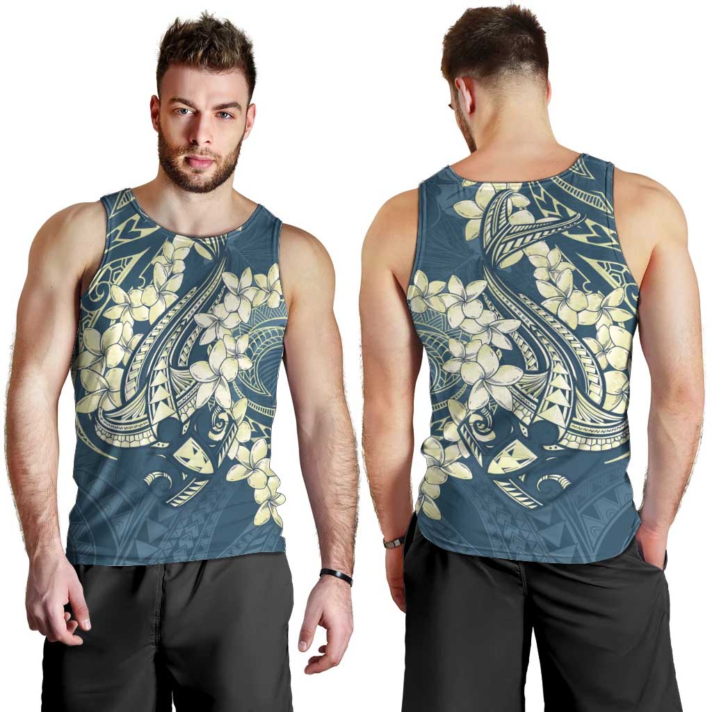 Cyan Polynesia Hammerhead Shark Tattoo With Plumeria Lei Men Tank Top