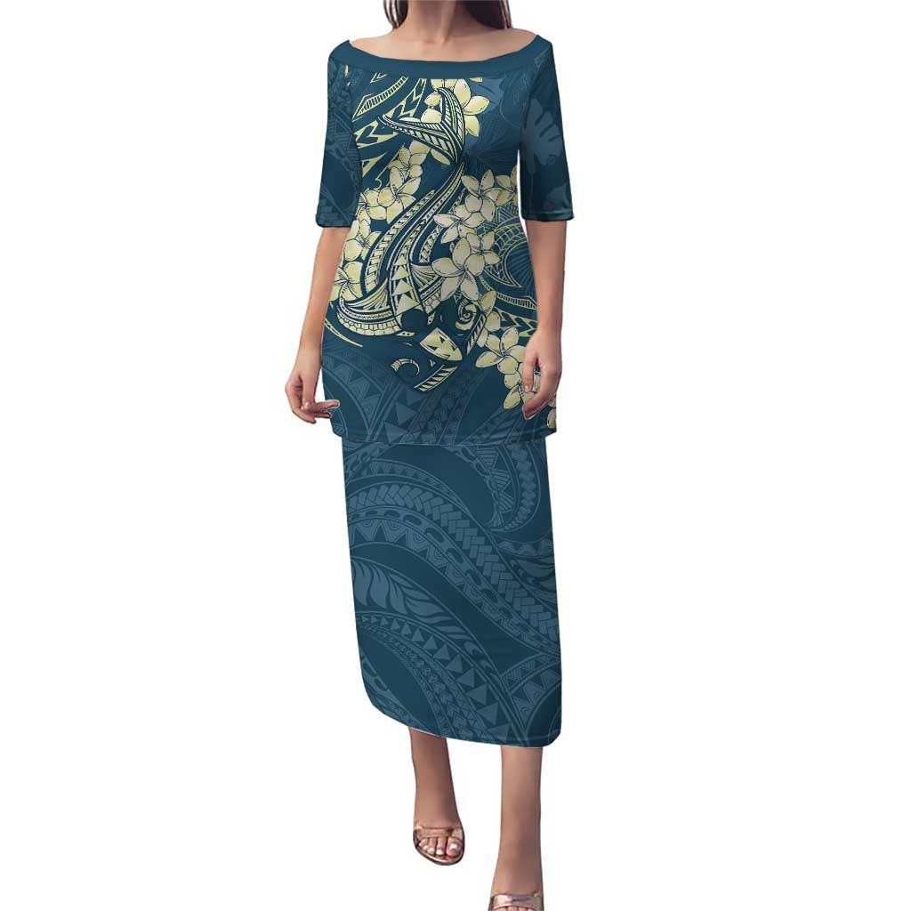 Cyan Polynesia Hammerhead Shark Tattoo With Plumeria Lei Puletasi LT14 Long Dress Cyan - Polynesian Pride
