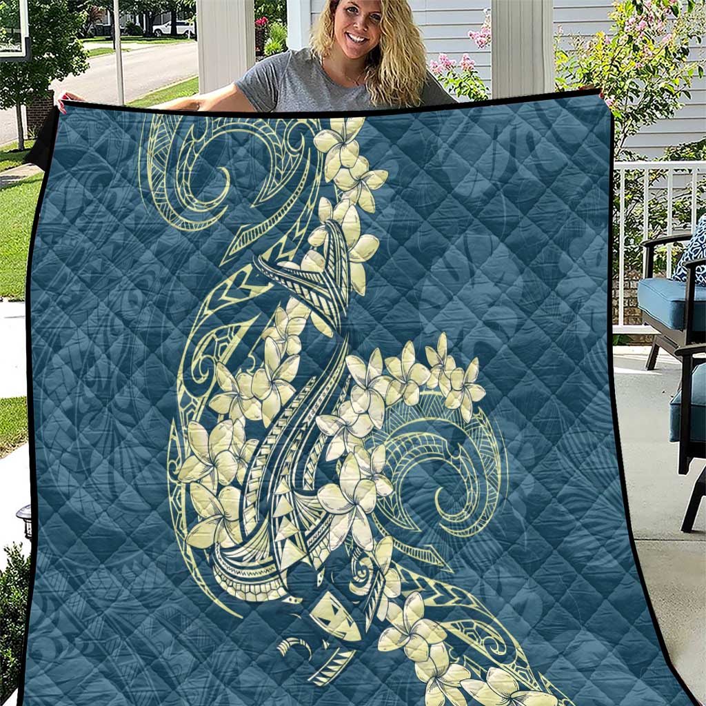 Cyan Polynesia Hammerhead Shark Tattoo With Plumeria Lei Quilt