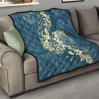 Cyan Polynesia Hammerhead Shark Tattoo With Plumeria Lei Quilt