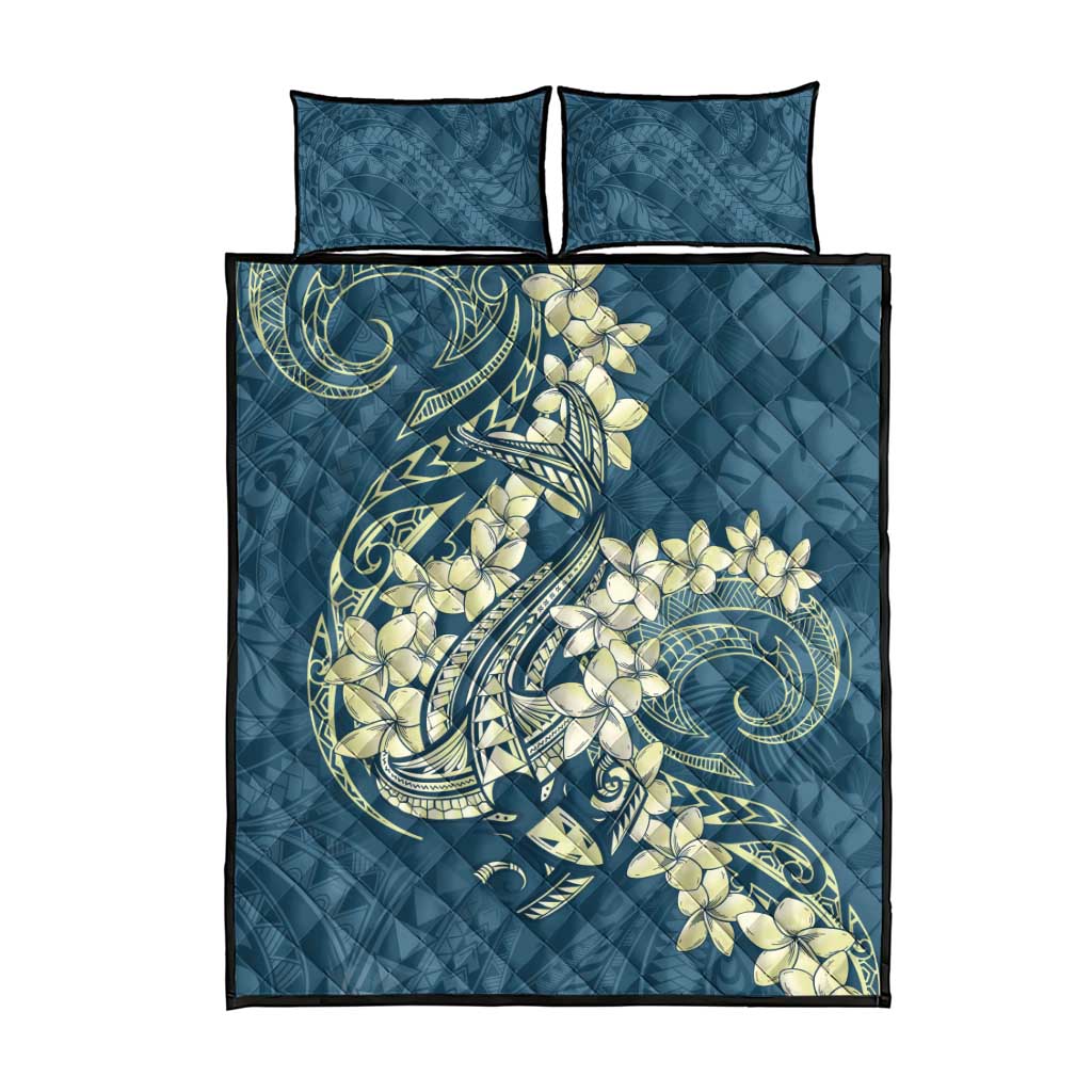Cyan Polynesia Hammerhead Shark Tattoo With Plumeria Lei Quilt Bed Set
