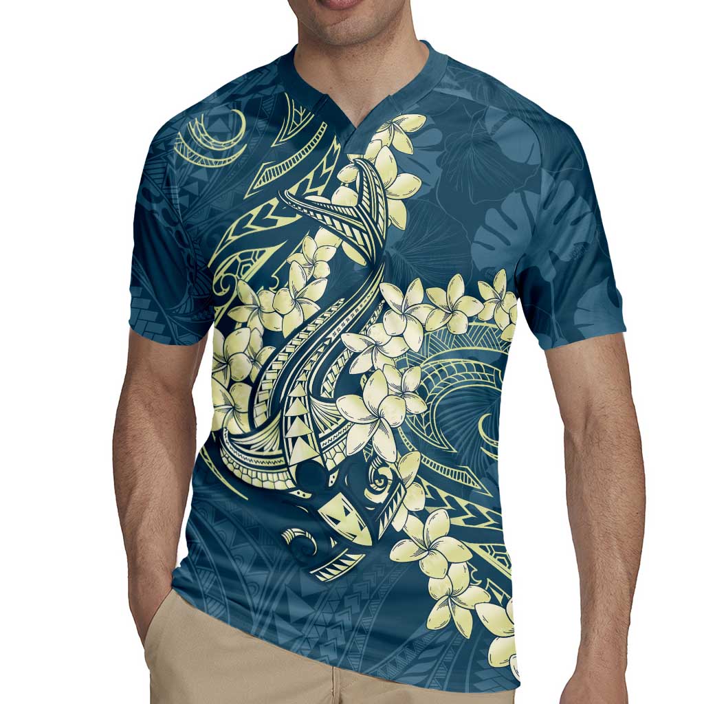 Cyan Polynesia Hammerhead Shark Tattoo With Plumeria Lei Rugby Jersey