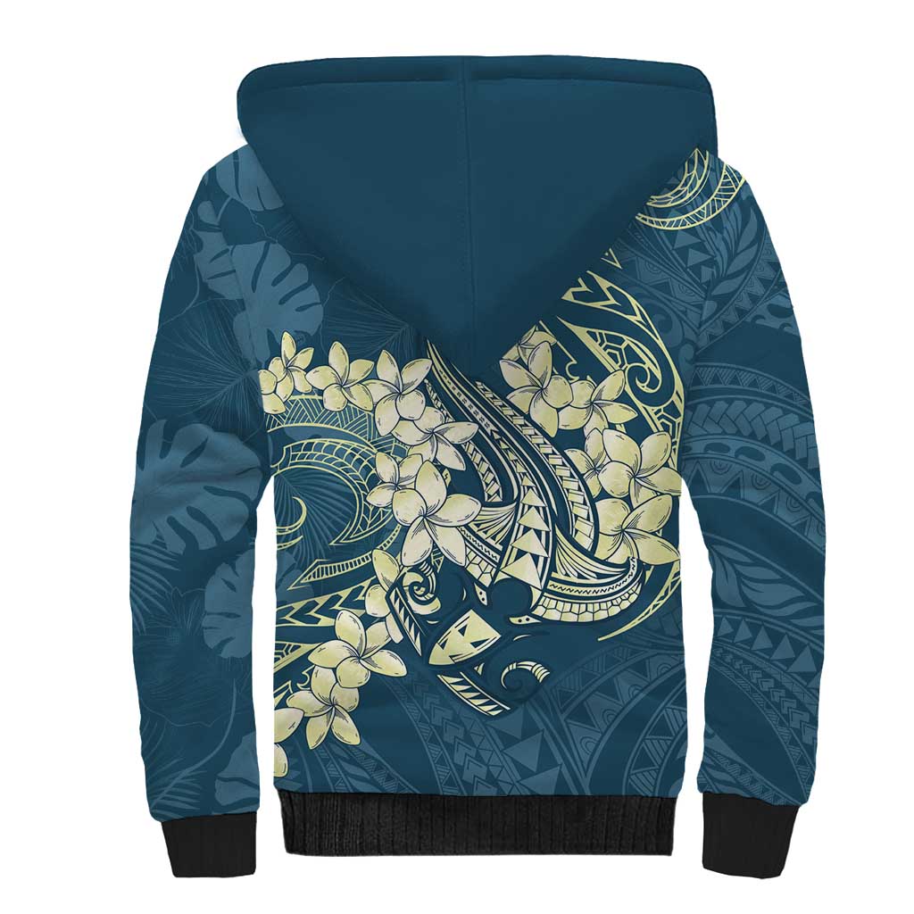 Cyan Polynesia Hammerhead Shark Tattoo With Plumeria Lei Sherpa Hoodie