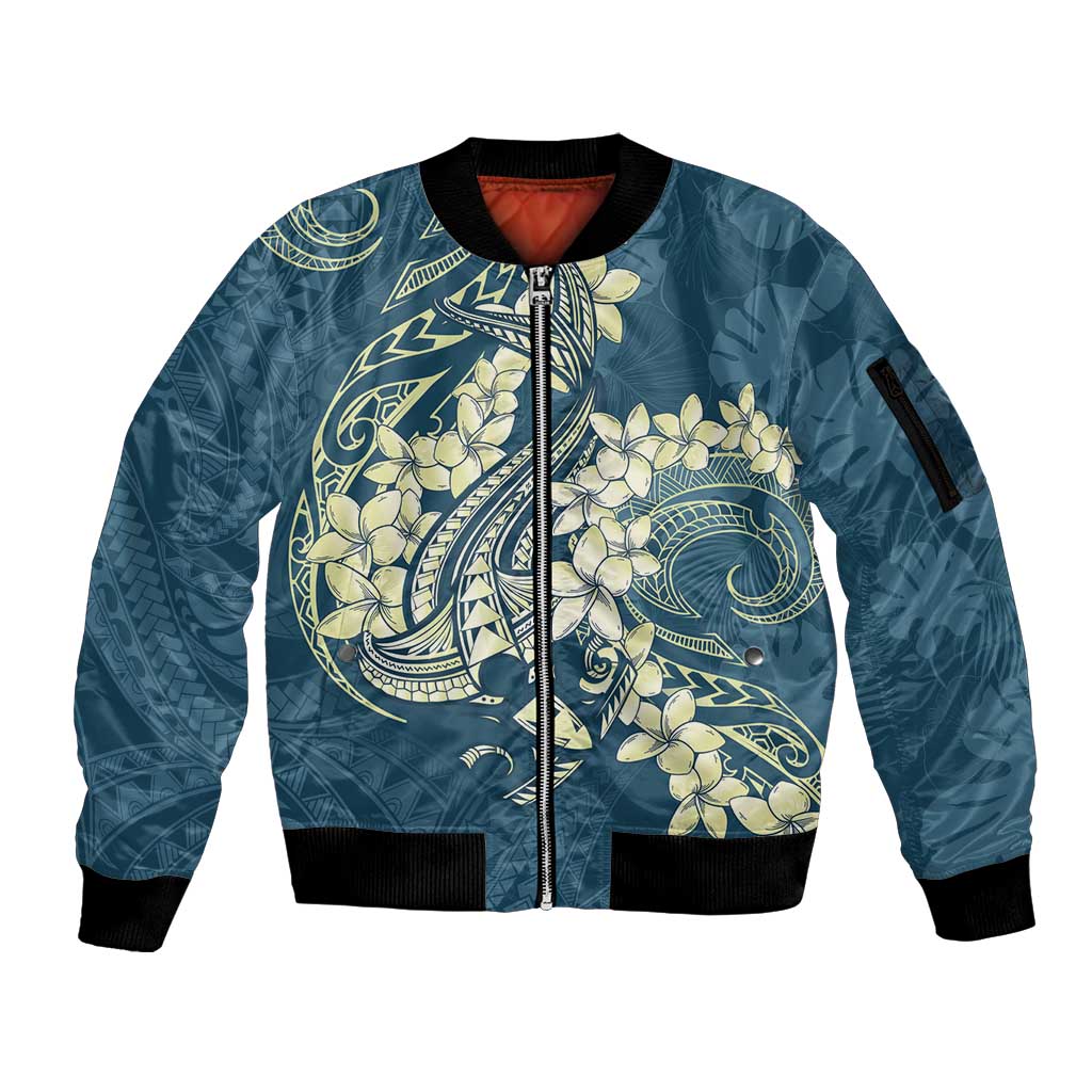 Cyan Polynesia Hammerhead Shark Tattoo With Plumeria Lei Sleeve Zip Bomber Jacket