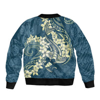 Cyan Polynesia Hammerhead Shark Tattoo With Plumeria Lei Sleeve Zip Bomber Jacket