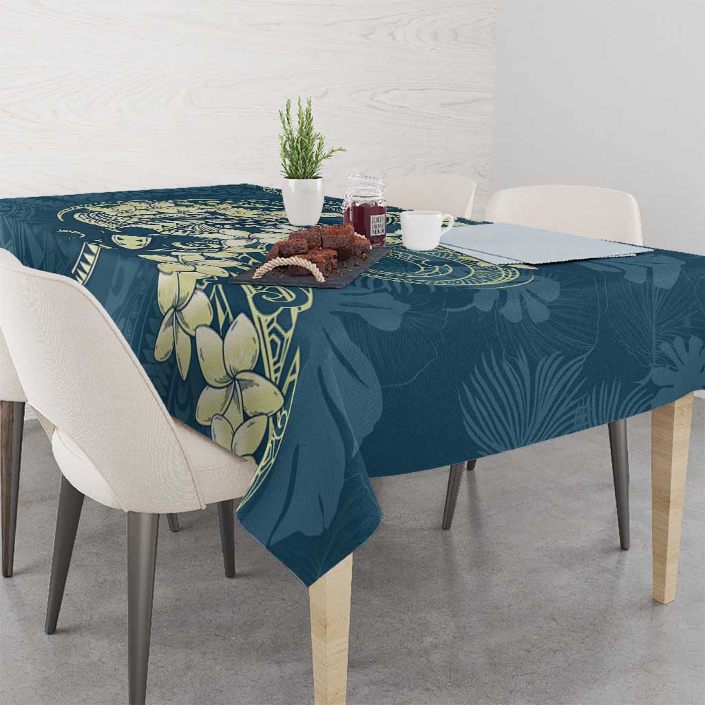 Cyan Polynesia Hammerhead Shark Tattoo With Plumeria Lei Tablecloth