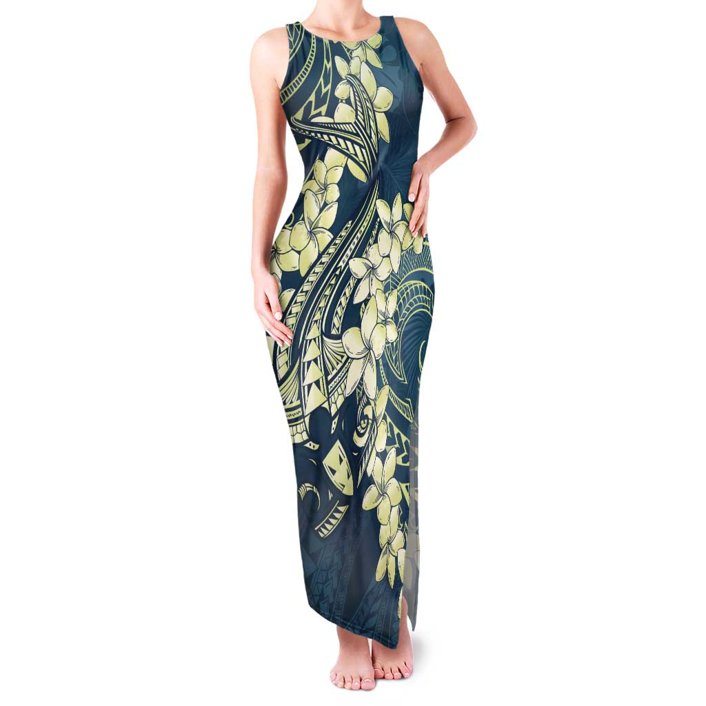 Cyan Polynesia Hammerhead Shark Tattoo With Plumeria Lei Tank Maxi Dress