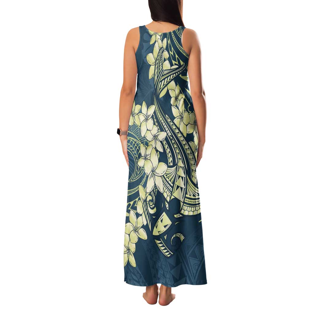 Cyan Polynesia Hammerhead Shark Tattoo With Plumeria Lei Tank Maxi Dress