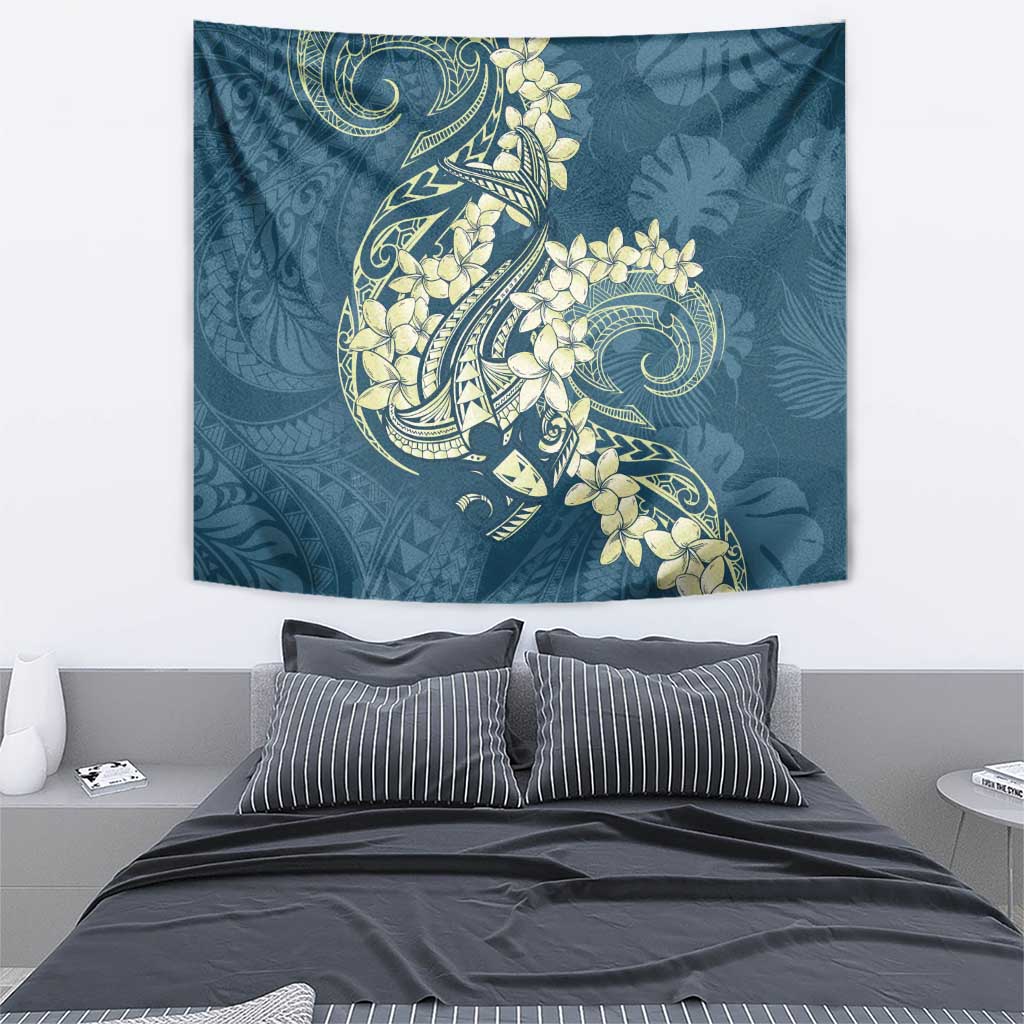 Cyan Polynesia Hammerhead Shark Tattoo With Plumeria Lei Tapestry