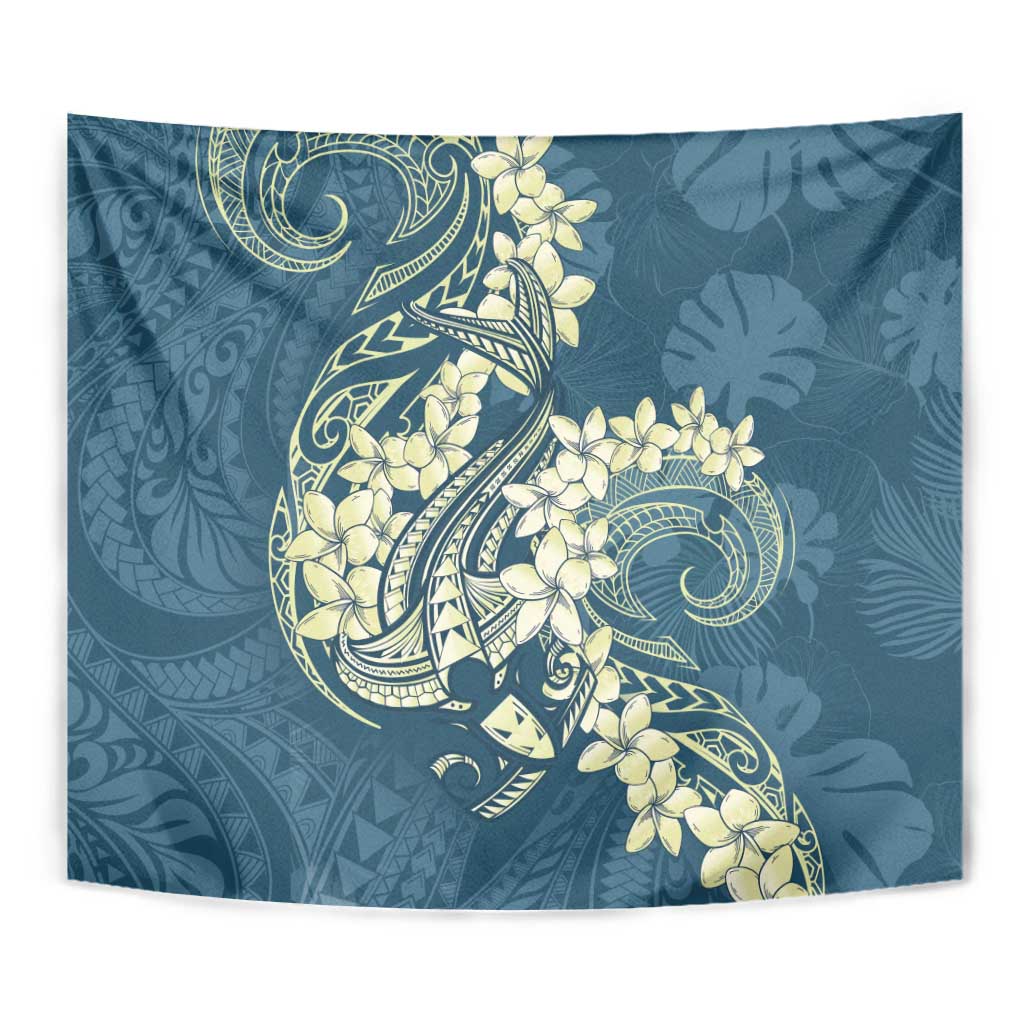 Cyan Polynesia Hammerhead Shark Tattoo With Plumeria Lei Tapestry