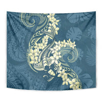 Cyan Polynesia Hammerhead Shark Tattoo With Plumeria Lei Tapestry