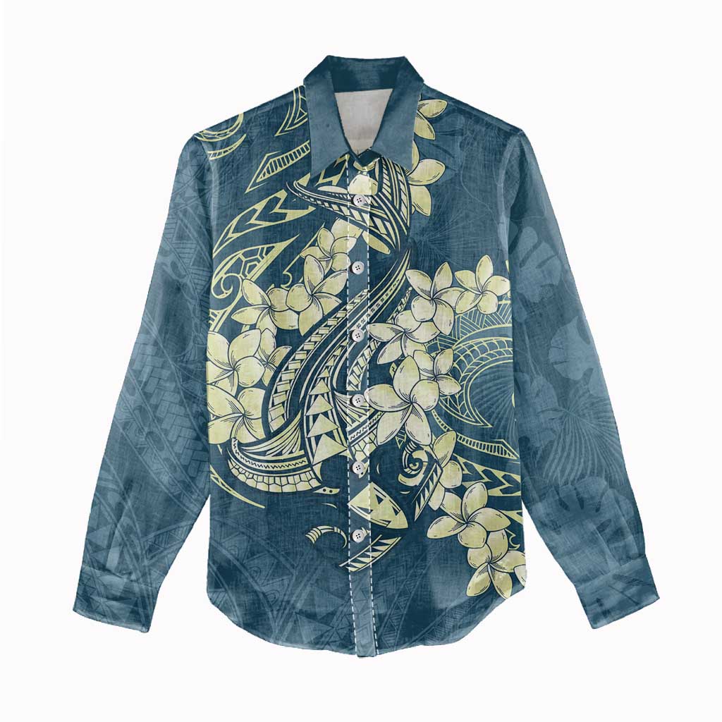Cyan Polynesia Hammerhead Shark Tattoo With Plumeria Lei Women Casual Shirt